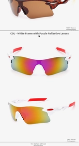 Close-up of white streamline sport sunglasses with purple gradient reflective lenses