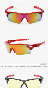 Macro shot of sporty cycling sunglasses with bright black frame and red temples