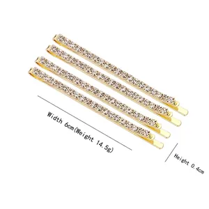 Set of 4 minimalist gold alloy hairpins with white rhinestones, width 6cm and height 0.4cm