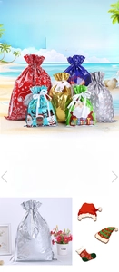 Detail of Christmas drawstring gift bags with festive patterns and durable material