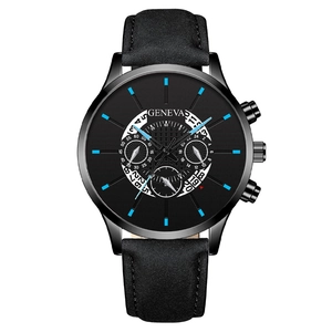 Business quartz watch for men with blue chrono dials and black leather strap
