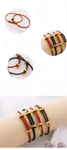 Close-up of woven rope bracelets with T-shaped stainless steel gold and black clasps