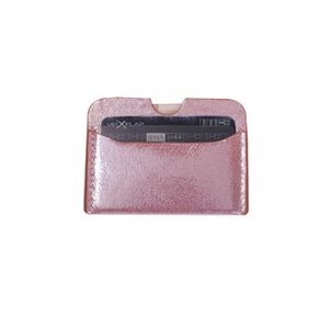 Detailed view of pink glossy PU leather card holder showing one slot with a black insert