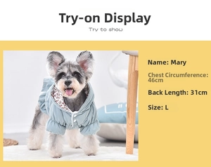 Detailed size guide for blue pet cotton coat with floral lining and snap buttons