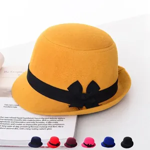 Femmes Vintage Style Britannique Chapeau Cloche Élégant Faux Laine Sommet Rond Fedora Avec Ruban Nœud Pour Hiver Quotidien