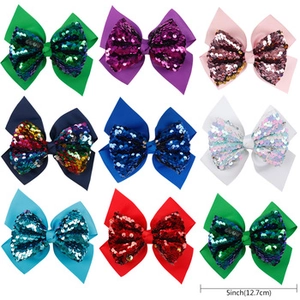 Detailed grid of 5-inch sequin bow hair clips in nine vibrant colors with ribbon layers