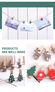 Close-up of Christmas wooden photo clips with red gloves and reindeer patterns on white wood