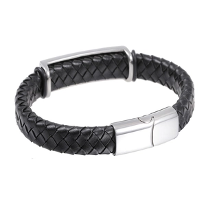 Men's black braided leather bracelet with vintage skull accents and polished steel clasp