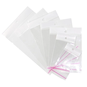 Clear OPP self-sealing bags with pink zip and hanging holes for jewelry packaging