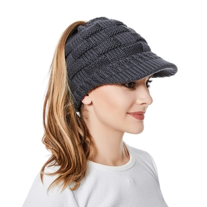 Women's dark grey knit ponytail baseball cap with classic plaid pattern for winter