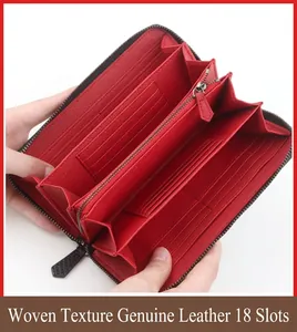 Macro detail of genuine leather long wallet with 18 card slots and red interior lining