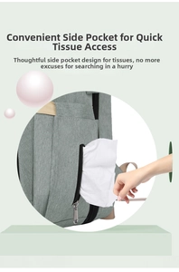 Detail of multi-purpose diaper bag showing lateral zipper pocket for quick tissue access