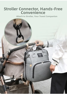 Detail of high-strength stroller hooks on a grey multifunctional diaper backpack