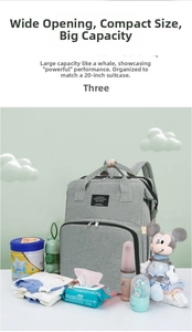 Detailed view of grey diaper backpack with large capacity and multi-pocket storage