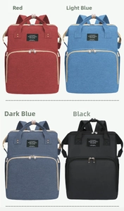 Grid view of foldable baby bed backpacks in red, light blue, dark blue and black colors
