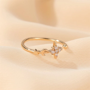 Adjustable gold star and moon open ring with sparkling zircon stones for women