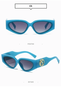Detailed views of blue cat-eye sunglasses with gradient lenses and gold temple logo