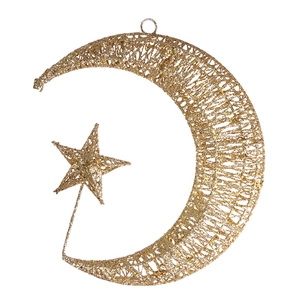 Sparkling gold iron mesh moon and star hanging ornament for Christmas window decoration