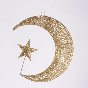 Golden iron Christmas moon and star hanging decoration with glitter finish for holiday decor