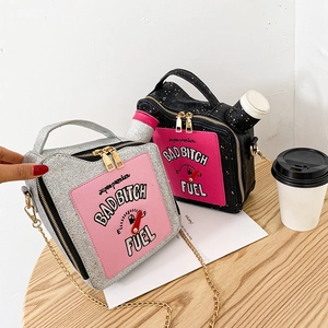 Creative Fuel Canister Shape Crossbody Bag Sequin PU Leather Letter Embroidery Metallic Chain Novelty Shoulder Handbag