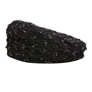 Black tweed beret hat for women with textured woven fabric and white glitter detail