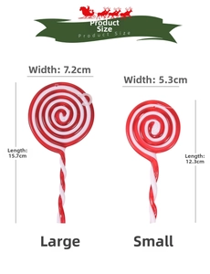 Size chart for red and white candy cane lollipop ornaments in large and small sizes