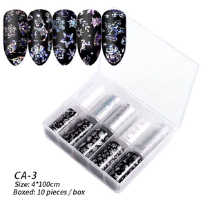 Macro detail of Christmas nail foil transfer stickers set with CA-3 snowflakes design