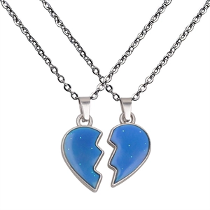 Detail of color-changing heart pendant necklaces with stainless steel chains for couples