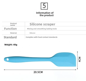 Detail view of small blue silicone spatula with integrated handle and hanging hole