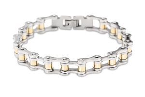 Detail of industrial motorcycle chain bracelet with silver and gold stainless steel links