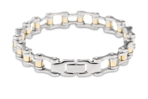 Detail of two-tone bicycle chain link bracelet in polished gold and silver steel