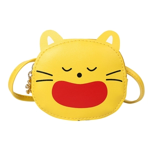 Cute yellow kitten PU leather crossbody bag for little girls with zipper and strap