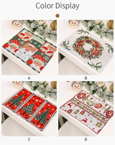 Knitted Christmas placemats in four festive patterns featuring Santa and holiday wreaths