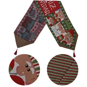 Knitted Christmas table runner with Santa Claus embroidery and red tassels on white background