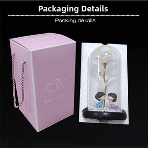 Pink Rose of Love gift box and glass dome rose with miniature kissing couple