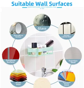 Green wall shelf shown on various surfaces like glass, tile, marble, and steel