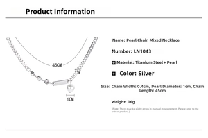 Detailed size specifications for a titanium steel necklace with pearls and diamond ring pendant