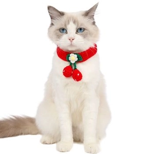 Detail of red hand-crocheted pet collar featuring decorative cherry and flower accents
