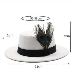 White wool boater hat with peacock feathers, 6cm brim and 56-58cm circumference