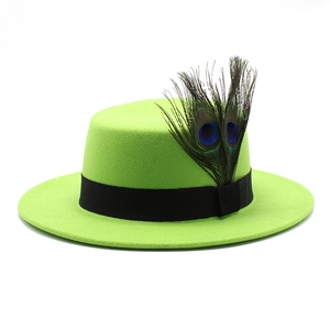 Classic British style wool fedora hat in vibrant apple green with peacock feathers