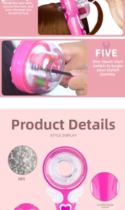 Detail of pink automatic hair braider showing one-click button and wing design features
