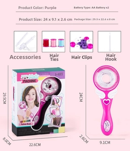 Detailed specs of purple electric hair braider toy set with accessories and dimensions