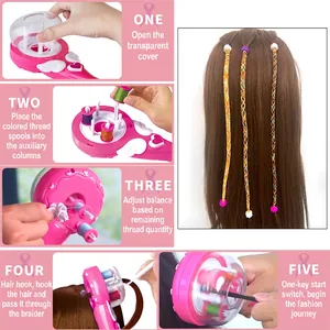 Pink automatic hair braider toy set with wings and heart design for kids hairstyling