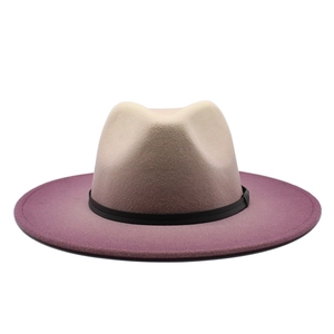Detail view of the sand to purple gradient felt fedora hat with a thin black decorative band