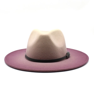 Detail of gradient beige and purple wool fedora hat with a black leather belt buckle