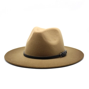 British style wide brim wool fedora hat with camel gradient and black leather belt