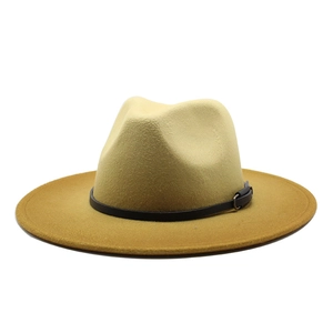 Fashionable mustard yellow wool fedora hat with black leather band and silver metal buckle
