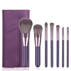 Macro view of 7-piece purple makeup brush set and matching lychee texture PU leather case