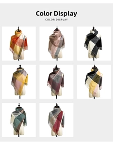 Detail showing eight color display options of women's plaid scarf with tassel fringe