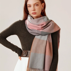 Elegant Plaid Polyester Scarf For Women Winter Warm Oversized Tassel Shawl Thick Imitation Cashmere Soft Large Scarf